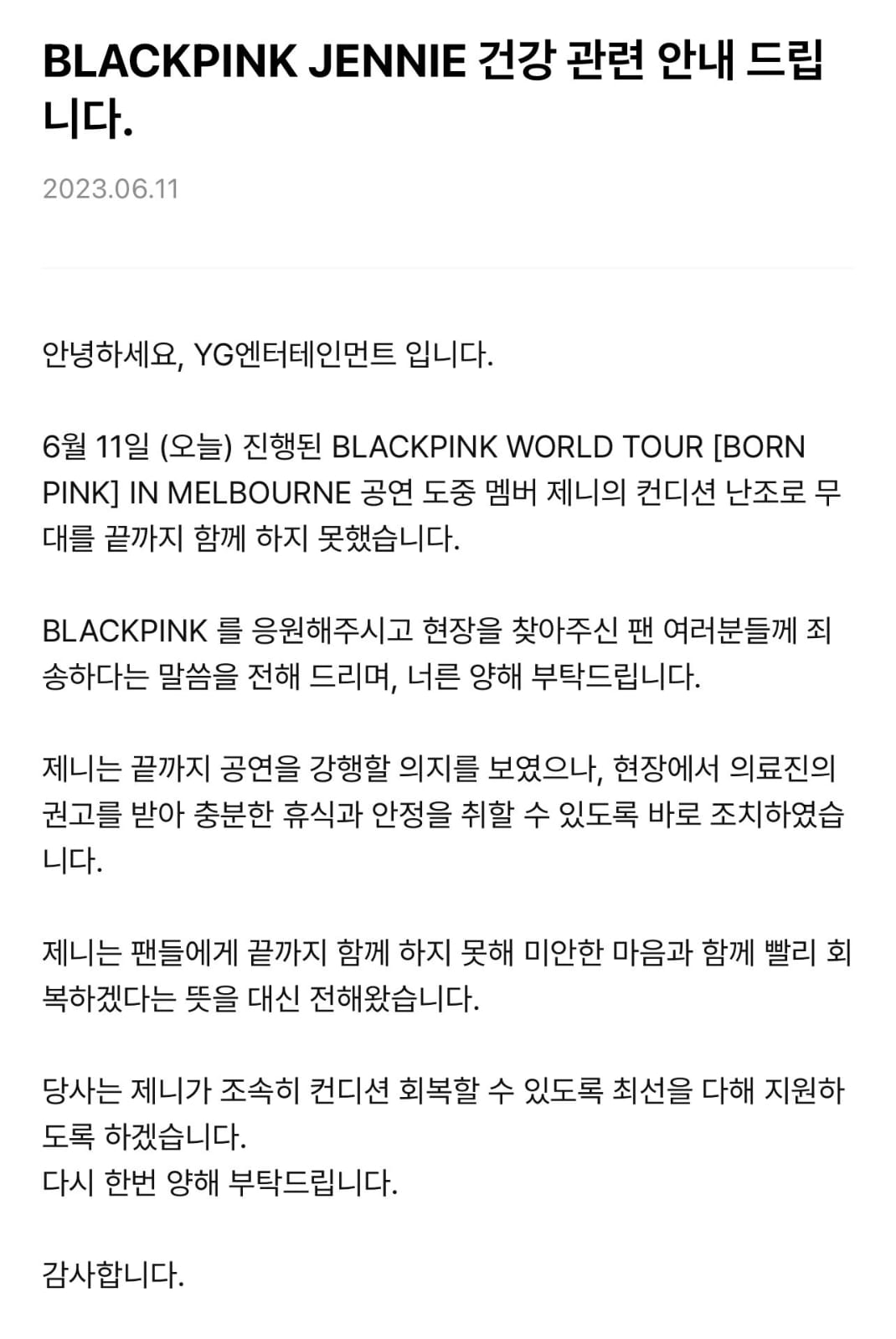 YG Entertainment JENNIE BLACKPINK Press Release