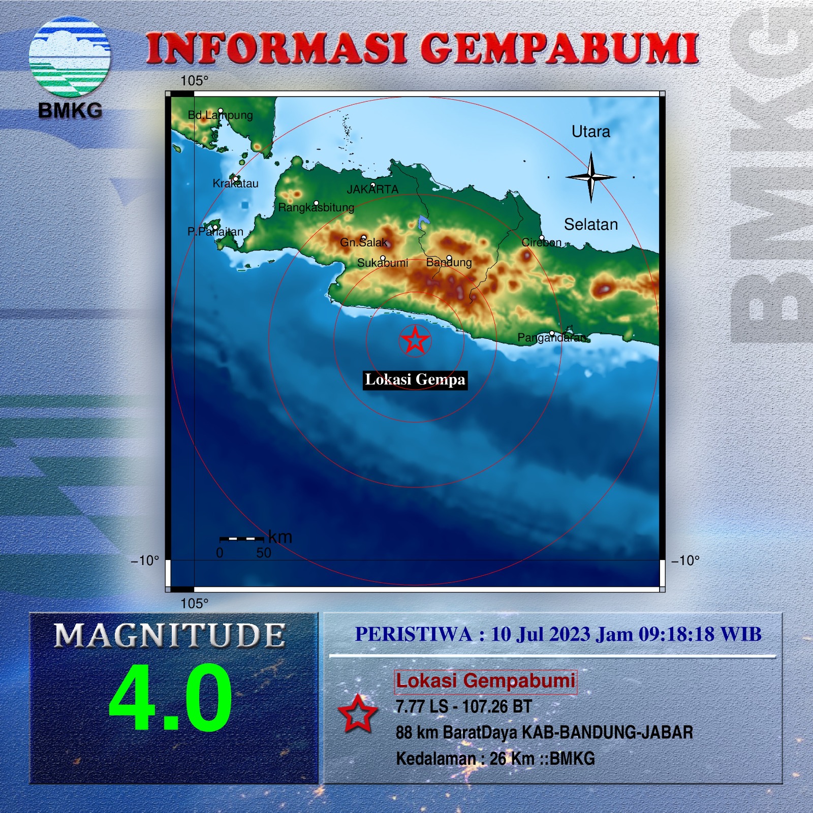 Gempa Bumi Tektonik M4,0 Berpusat di 88 KM Barat Daya Kabupaten Bandung, Terasa Hingga Wilayah Ini / BMKG