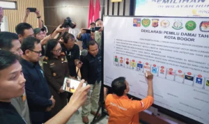 17 Parpol di Kota Bogor tandatangani Deklarasi Damai Pemilu 2024 di Aula Gedung Mapolresta Bogor Kota, Selasa (15/8).