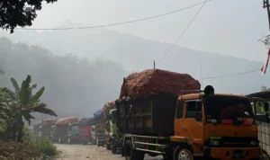 Antrean truk sampah mengular imbas dari kebakaran TPA Sarimukti. Selasa (22/8). Foto Jabarekspres