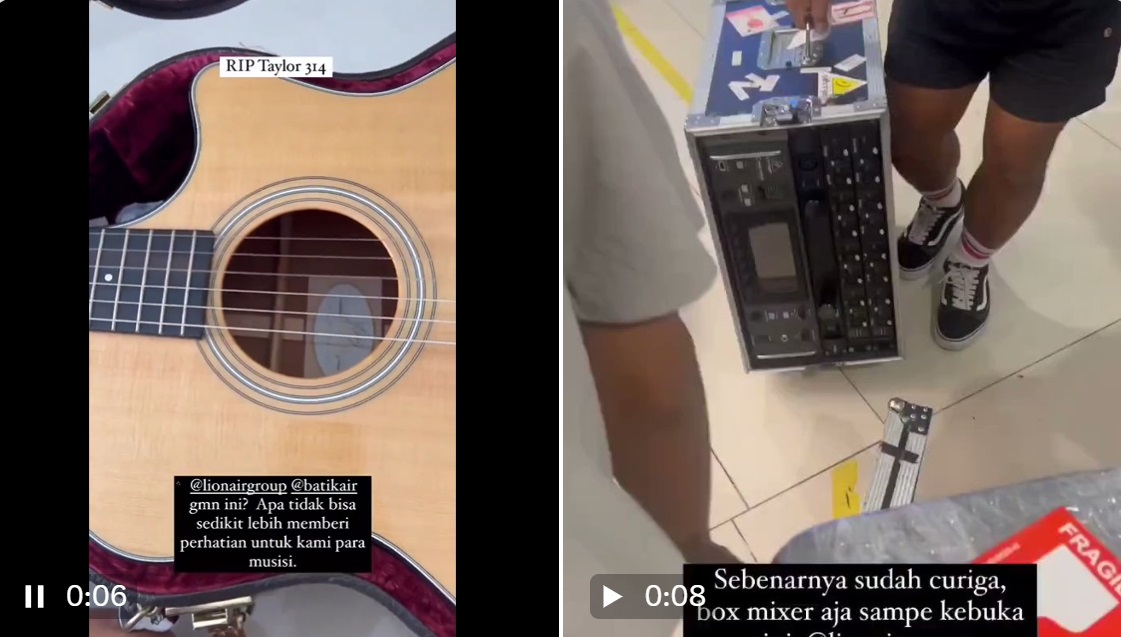 Tangkapan layar video uanggahan Fanny Soegi tentang gitarnya yang seharga Rp30 Jutaan rusak dibagasi pesawat. (x)