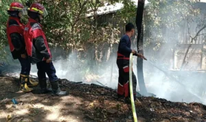 Kebakaran lahan terjadi tepat di jembatan layang Baros, dekat kantor Kecamatan Cimahi Selatan, pada Jumat, 1 September 2023. Jabar Ekspres/Cecep Herdi.