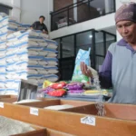 Pegawai memeriksa kualitas beras di salah satu distributor beras Kota Bandung. (Pandu/Jabarekspres)