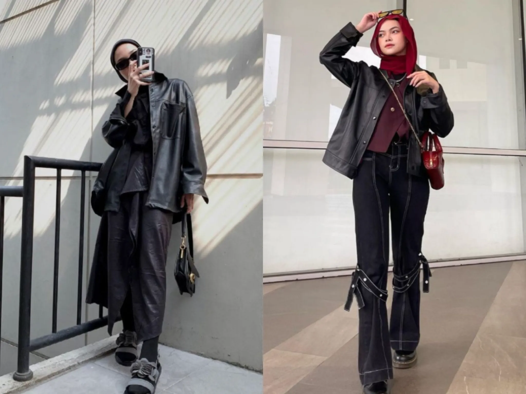 Ide Outfit Nonton Konser Hijab, Kombinasi Jaket Kulit/ Kolase Instagram @sorayaulfa15 dan @babyylisa_