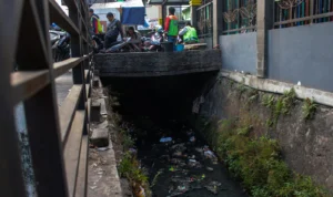 Sungai Cijambe di Desa Cinunuk, Kecamatan Cileunyi, Kabupaten Bandung volume airnya mulai menyusut dan jadi tempat sampah liar. (Pandu Muslim/Jabar Ekspres)