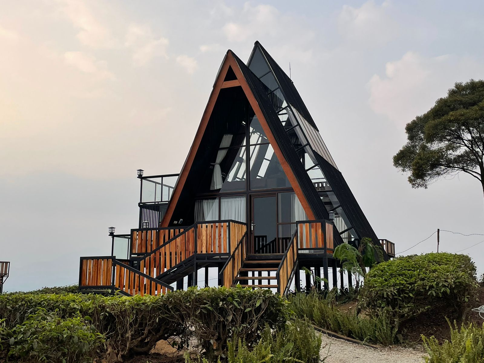 Nimo Tea Resort ini merupakan sebuah kabin yang berbentuk seperti segitiga dengan ukuran yang lebih besar serta kabin yang didominasi oleh bahan kayu dan kaca / Istimewa