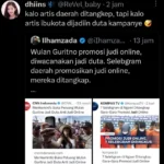 Komentar netizen melalui Twitter mengenai Wulan Guritno yang ingin dijadikan dua anti judi online oleh Menkominfo Budi Arie Setiadi. (ILUSTRASI)