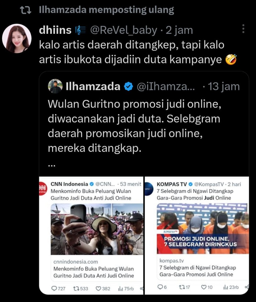Komentar netizen melalui Twitter mengenai Wulan Guritno yang ingin dijadikan dua anti judi online oleh Menkominfo Budi Arie Setiadi. (ILUSTRASI)