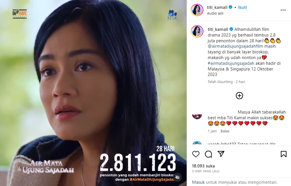Film Air Mata Di Ujung Sajadah di Malaysia dan Singapura/ Tangkap Layar Instagram @titi_kamall