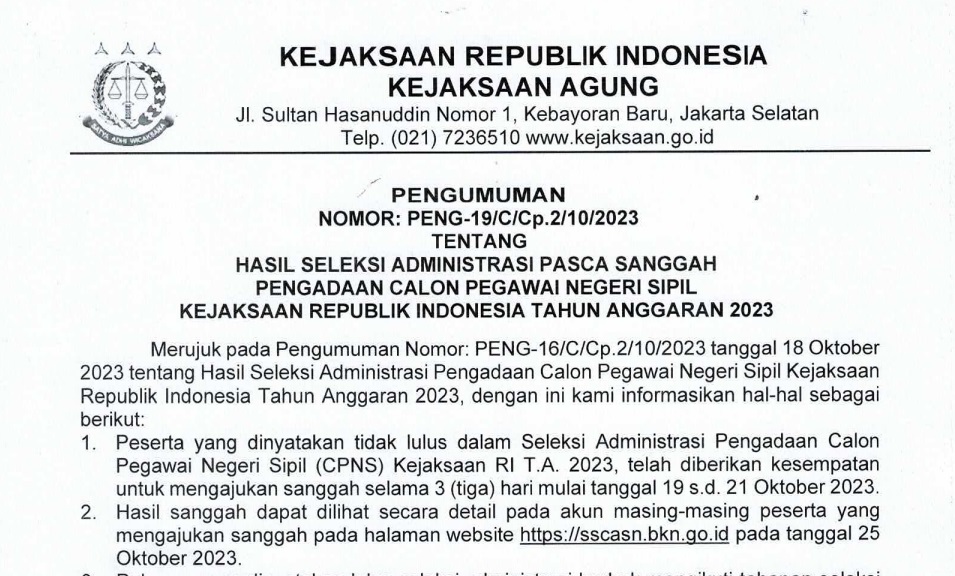 PDF Pengumuman Hasil Seleksi Administrasi Pasca Sanggah CPNS Kejaksaan 2023/ Dok. biropeg.kejaksaan.go.id