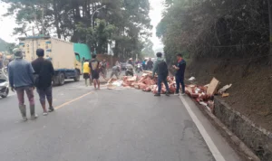 Tak Kuat Nanjak, Truk Muatan Keramik Terguling di Jalan Raya Puncak