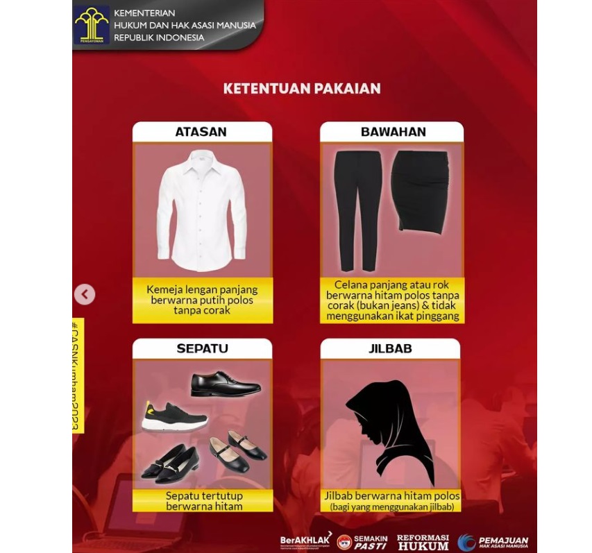 Berikut Informasi terkait Aturan Pakaian SKD CPNS Kemenkumham 2023, Sepatu hingga Celana yang Dipakai/ Instagram @birowaisetjenkumham