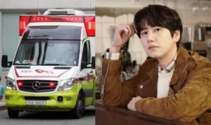 Ambulan yang merawat Khuhyun Super Junior, setelah diserang pisau oleh orang tak dikenal.