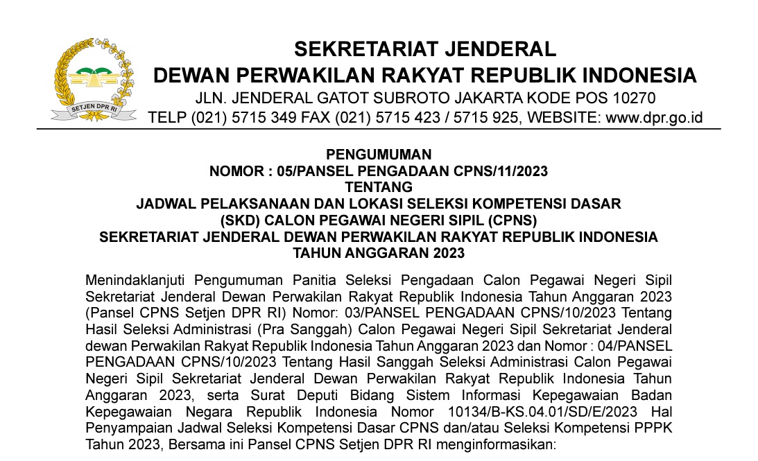 Berikut Cara Akses Link PDF Pengumuman Jadwal SKD Setjen DPR RI 2023/ Dok. dpr.go.id/cpns