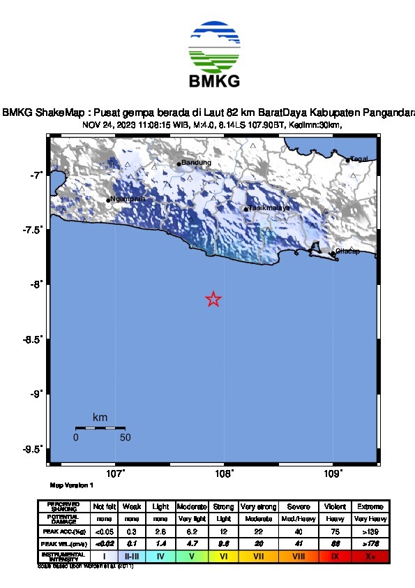 Gempa Magnitudo 4,0 Guncang Kabupaten Pangandaran / BMKG