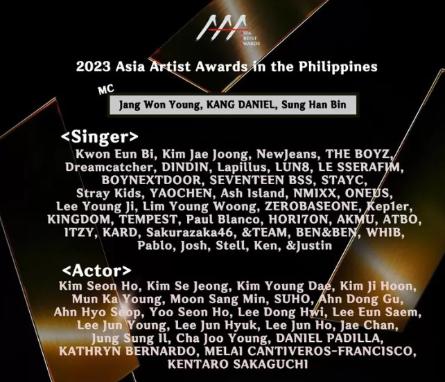 Pengumuman penyelenggara Asia Artist Award 2023 tentang line up artis yang datang. (@starnewskorea)