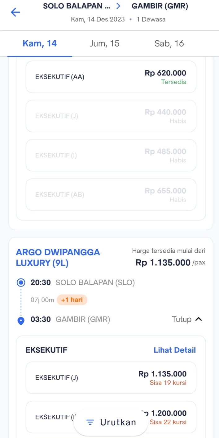 Harga Tiket KA Argo Dwipangga di Access by KAI/ Tangkap Layar