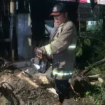 Petugas Diskar PB Kota Bandung saat evakuasi pohon-pohon yang tumbang pada Senin, 25 Desember 2023.