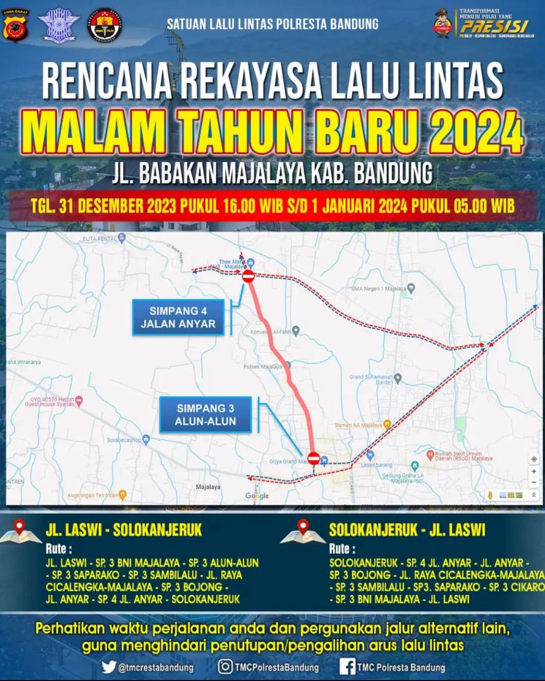 Peta rekayasa lalu lintas Kabupaten Bandung untuk malam tahun baru.