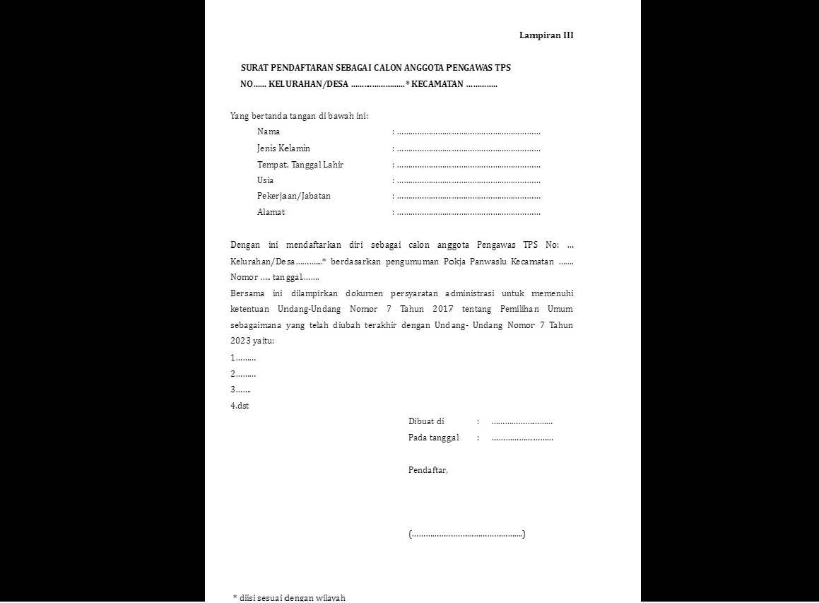 Contoh Format Surat Pendaftaran Calon Pengawas TPS Pemilu 2024/ Tangkap Layar Bawaslu Kabupaten Pemalang