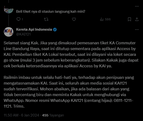 Info Pembelian Tiket KA Bandung Raya/ Tangkap Layar X @KAI121