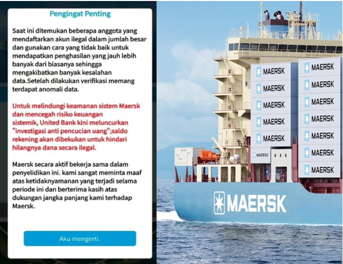 Aplikasi penghasil uang Maersk yang sudah scam sejak 15 Januari 2024.