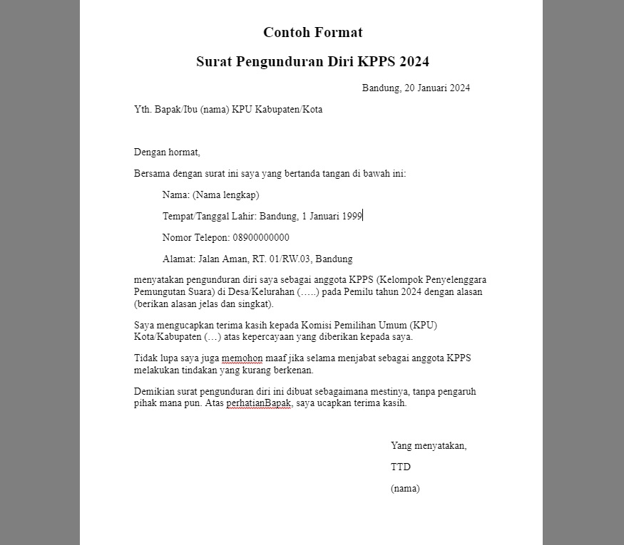 Contoh Format Surat Pengunduran Diri KPPS 2024