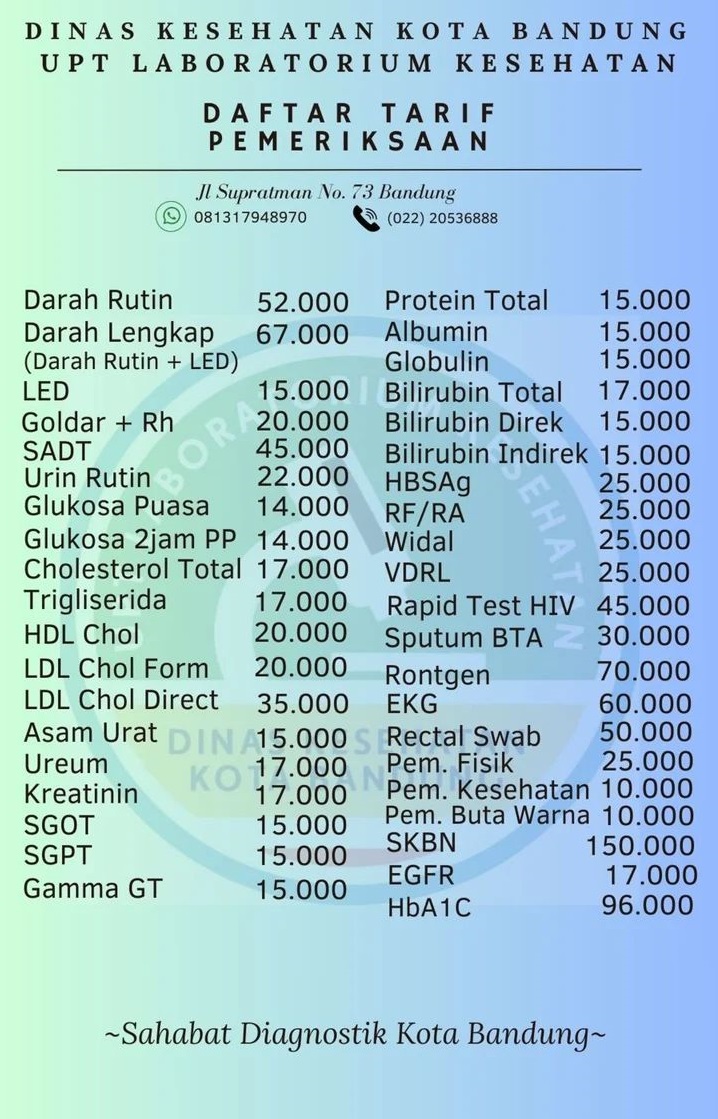 Daftar Tarif Cek Lab Dinkes Kota Bandung 2024/ Tangkap Layar Instagram @labkeskotabandung