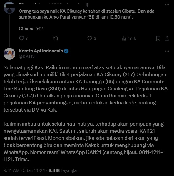Respon Pihak KAI mengenai KA Cikuray di tengah Kecelakaan KA Turangga dengan KA Lokal Bandung Raya/ Twitter atau X @kai121