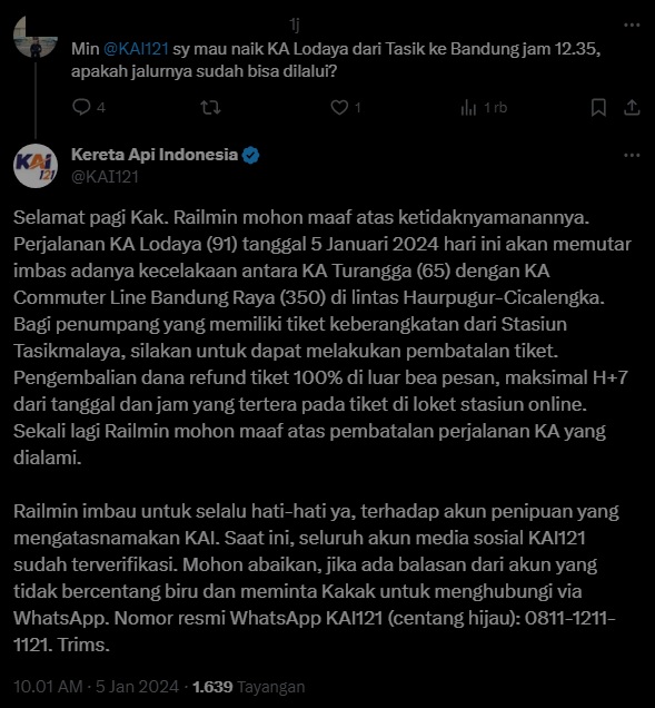 Respon Pihak KAI mengenai Perjalanan KA Lodaya di tengah Kecelakaan KA Turangga dengan KA Lokal Bandung Raya/ Twitter atau X @kai121