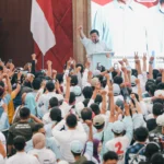 Capres No. 2, Prabowo Subianto, sat menghadiri Deklarasi Konfederasi Serikat Pekerja Nusantara (KSPN) di Bandung, 14 Januari 2024.