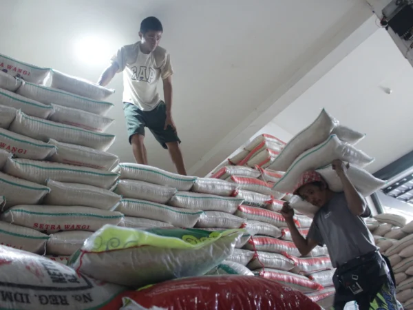 Pekerja memikul beberapa karung beras di salah satu Distributor beras di kawasan Cibiru, Kota Bandung. (Pandu Muslim/Jabar Ekspres)