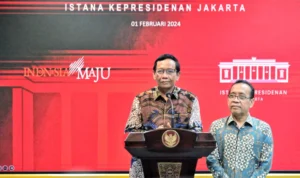 Menko Polhukam, Mahfud Md, saat menyampaikan pengunduran dirinya dari Kabinet Indonesia Maju, Kamis 1 Februari 2024.