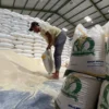 Pegawai Perum Bulog di Gudang Bulog Ciamis saat mengemas beras untuk bantuan pangan belum lama ini. Setok beras dari Bulog untuk Kota Banjar terus menipis. (Cecep Herdi/Jabar Ekspres)