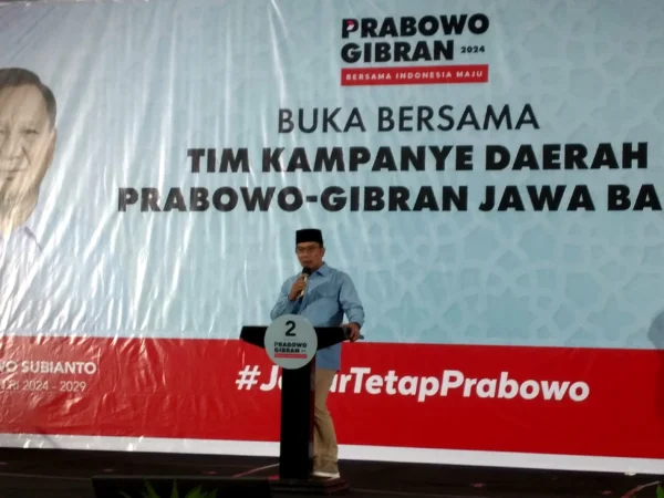 Ridwan Kamil saat pembubaran TKD Prabowo Gibran Jabar, Sabtu (23/03)
