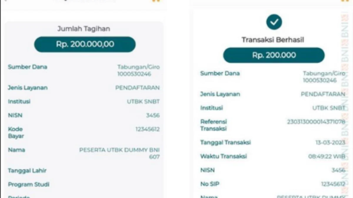 Contoh Bukti Bayar UTBK SNBT di BNI Mobile Banking/ Dok. SNPMB