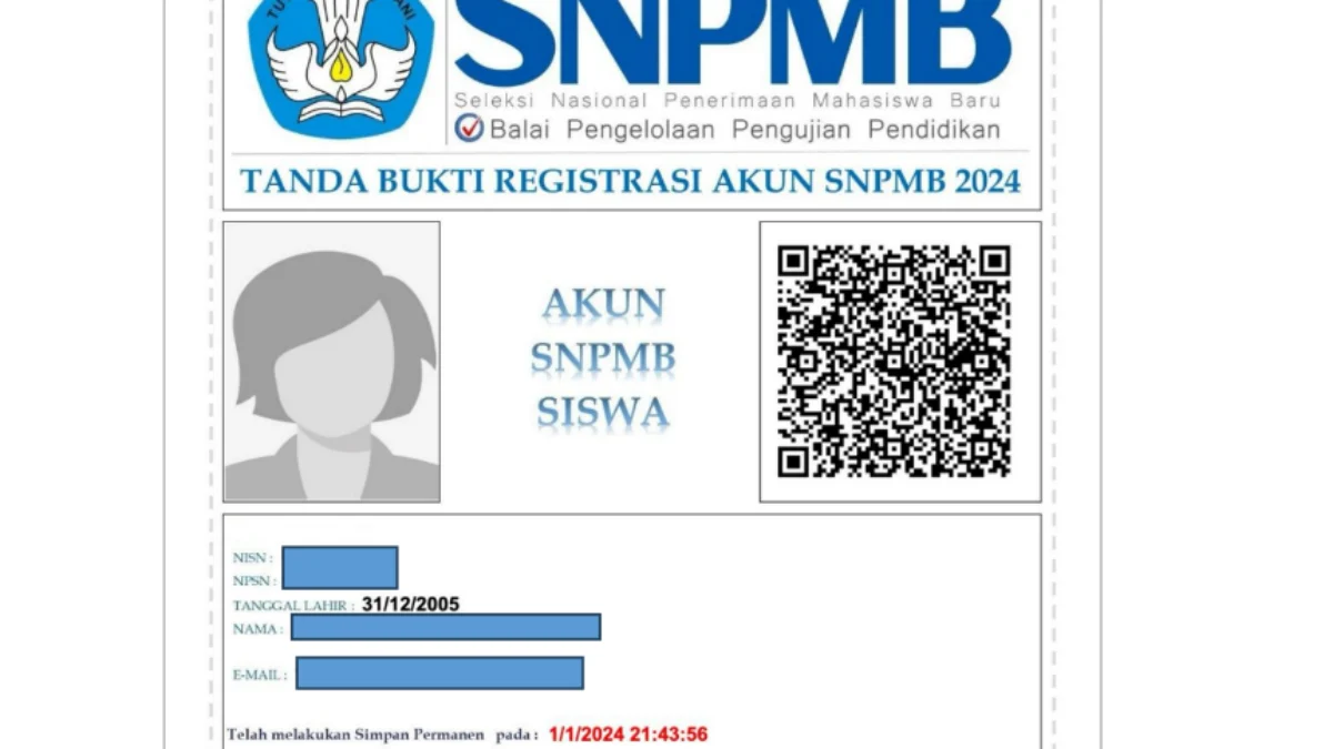 Belum Memiliki Akun SNPMB 2024 untuk Daftar UTBK SNBP 2024, Ini Penjelasannya/ Contoh Bukti Daftar Akun SNPMB 2024/ Dok. SNPMB