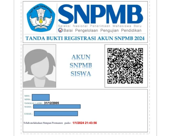 Belum Memiliki Akun SNPMB 2024 untuk Daftar UTBK SNBP 2024, Ini Penjelasannya/ Contoh Bukti Daftar Akun SNPMB 2024/ Dok. SNPMB