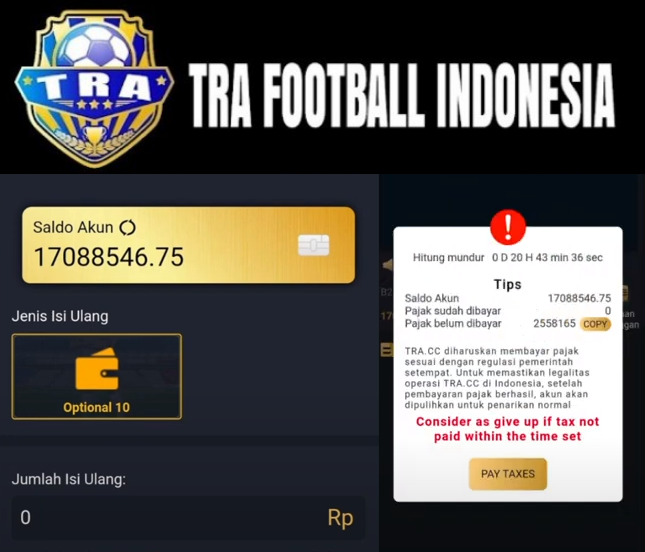 Aplikasi TRA Football dengan Modus Baru Member Disuruh Bayar Pajak