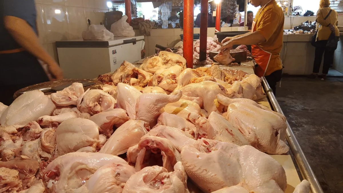 HARGA TURUN: Salah satu lapak penjual daging ayam di Pasar Atas Kota Cimahi.