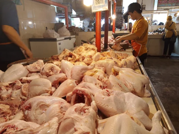 HARGA TURUN: Salah satu lapak penjual daging ayam di Pasar Atas Kota Cimahi.