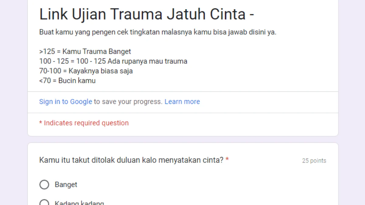 Link Ujian Trauma Jatuh Cinta Docs Google Form - KLIK DI SINI!