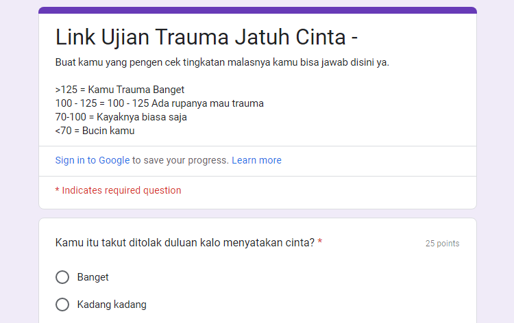 Link Ujian Trauma Jatuh Cinta Docs Google Form - KLIK DI SINI!