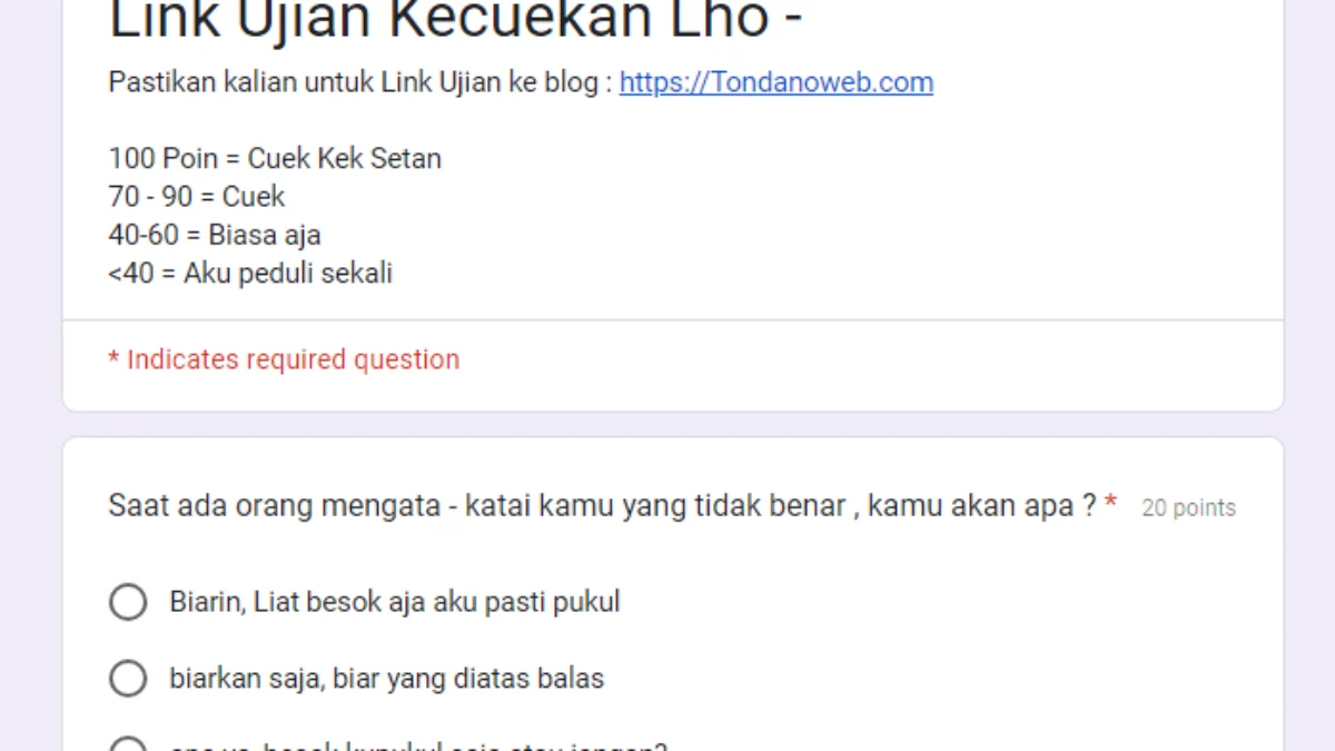 Link Ujian Kecuekan via Google Form DISINI Gratis Tes 'Seberapa Cuek Sih Loe?'