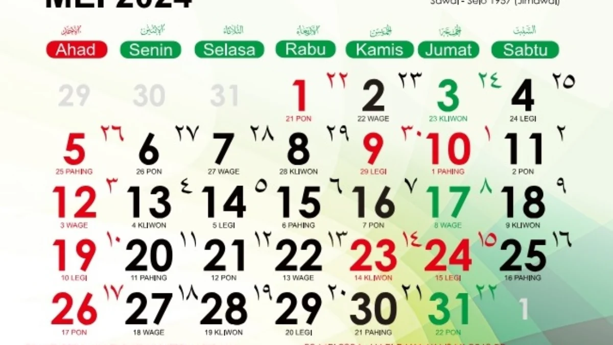 Kalender Bulan Mei 2024, Kamis Tanggal 23 Tanggal Merah Lagi/ Dok. Kemenag