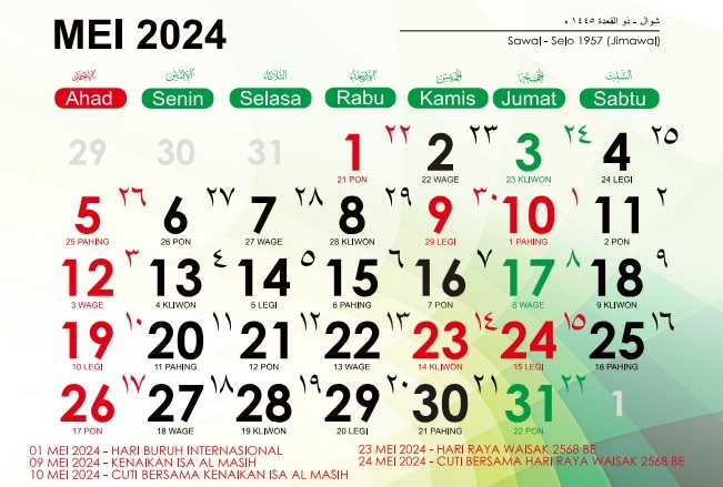 Kalender Bulan Mei 2024, Kamis Tanggal 23 Tanggal Merah Lagi/ Dok. Kemenag