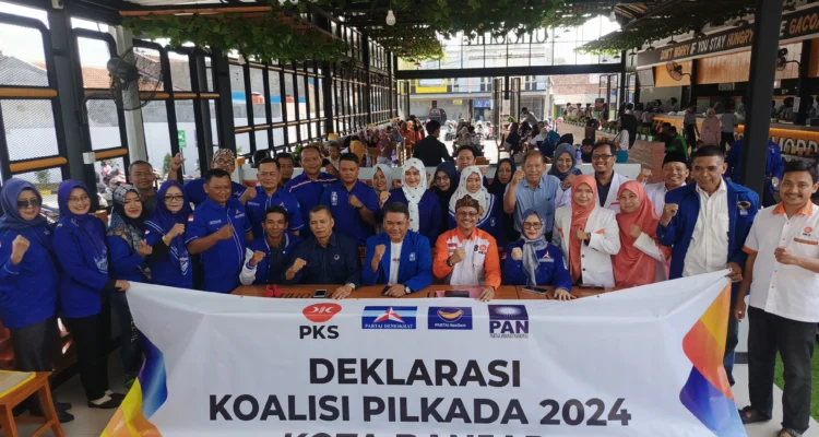 Empat Parpol yakni PKS, Demokrat, PAN, dan Nasdem membentuk koalisi Madani jelang Pilkada Banjar 2024, Senin 20 Mei 2024. (Cecep Herdi/Jabar Ekspres)