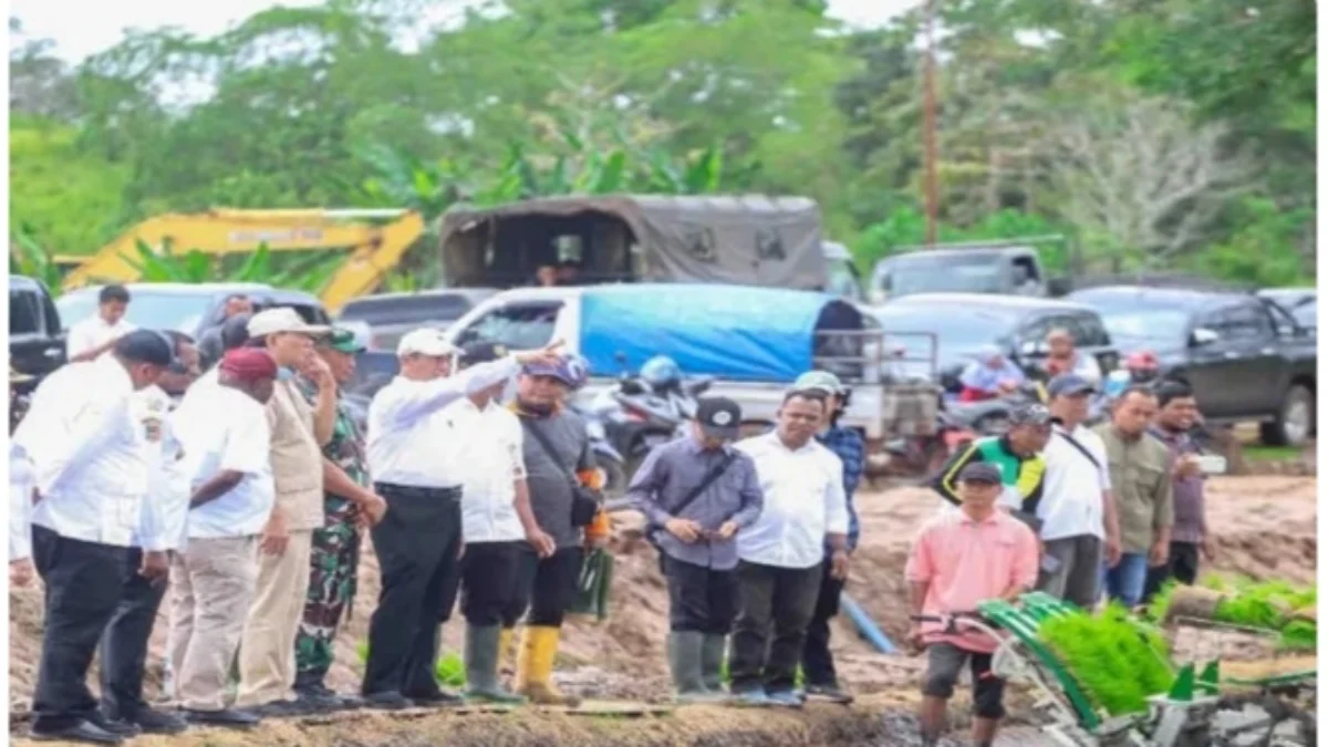 Menteri Pertanian Andi Amran Sulaiman (tujuh kiri) meninjau lokasi lahan dan tanam di Kampung Nggutibob Distrik Tanah Miring, Merauke, Papua Selatan di Merauke, Rabu (29/5).foto/ANTARA