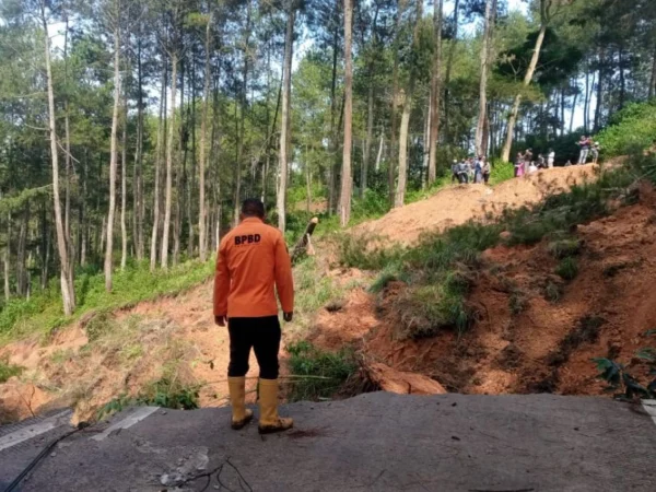 Petugas lapangan BPBD Bandung Barat, saat meninjau lokasi putusnya jalan akibat longsor di wilayah Kecamatan Gununghalu. Rabu (15/5/2024).