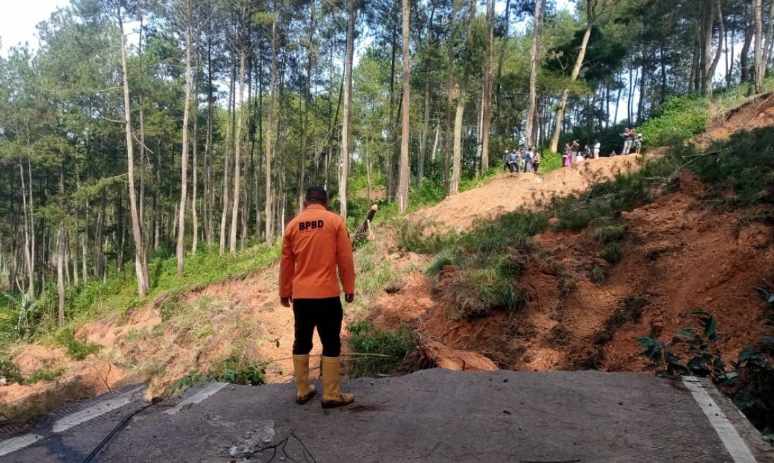 Petugas lapangan BPBD Bandung Barat, saat meninjau lokasi putusnya jalan akibat longsor di wilayah Kecamatan Gununghalu. Rabu (15/5/2024).